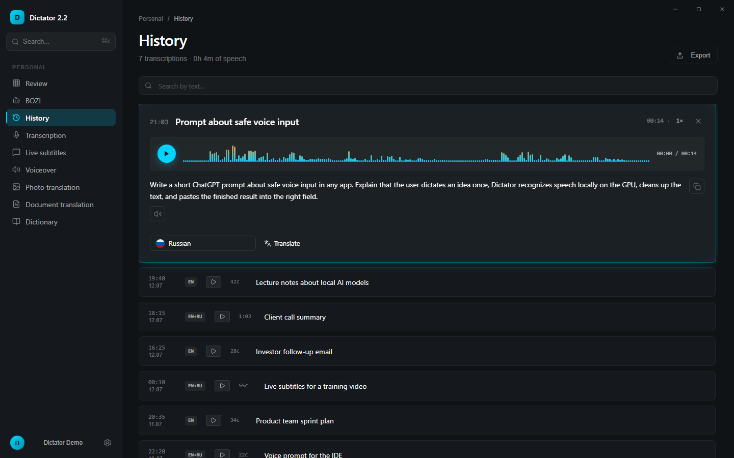 History window: transcripts listed with language and length; the open one shows a waveform and the recognised text