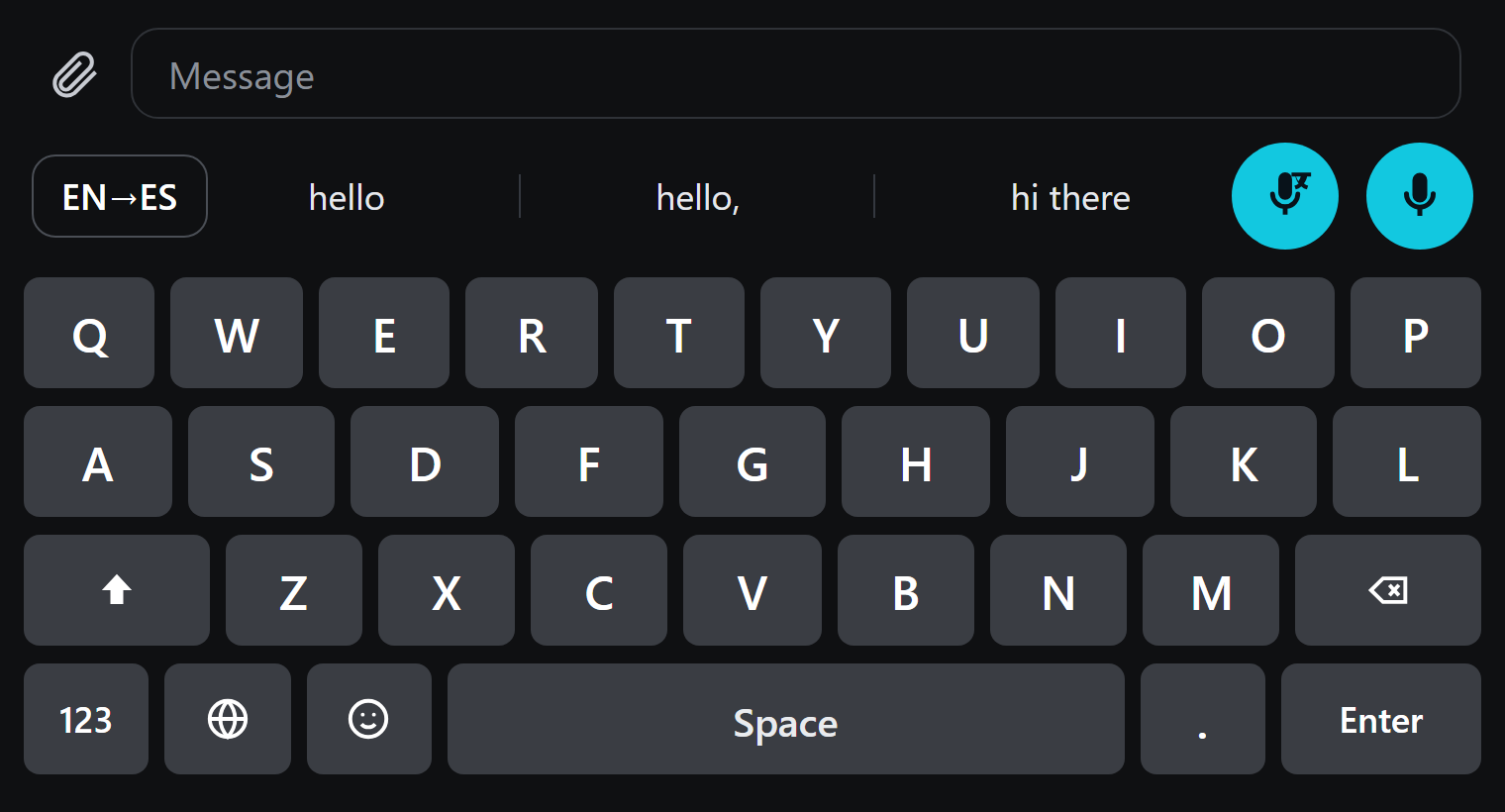 Dictator keyboard: the microphone key, the EN→ES translate key and word suggestions