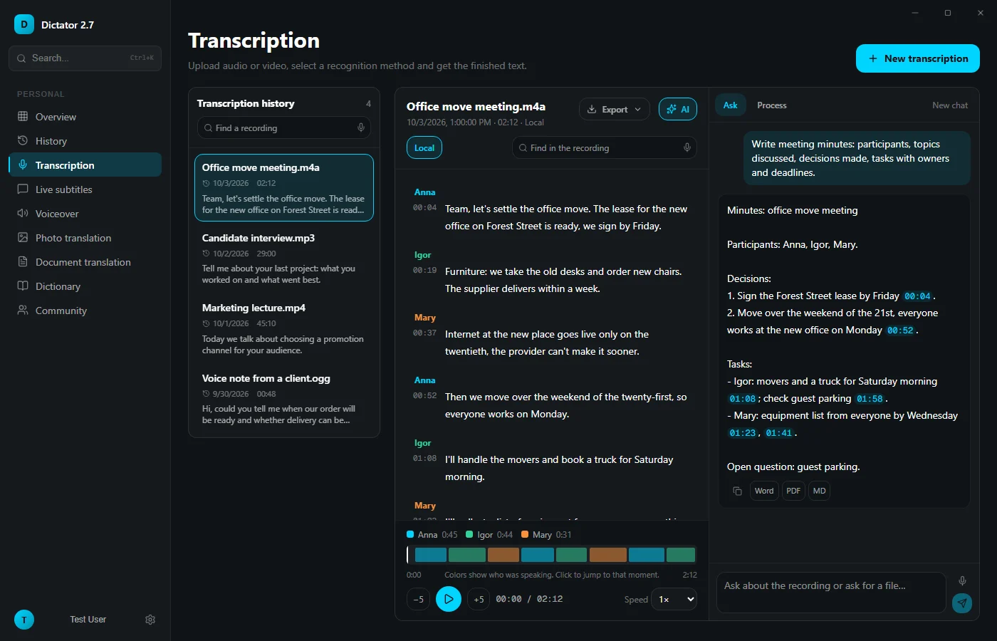 Asking the recording: the AI drafts meeting minutes, and every decision and task links to its moment in the audio